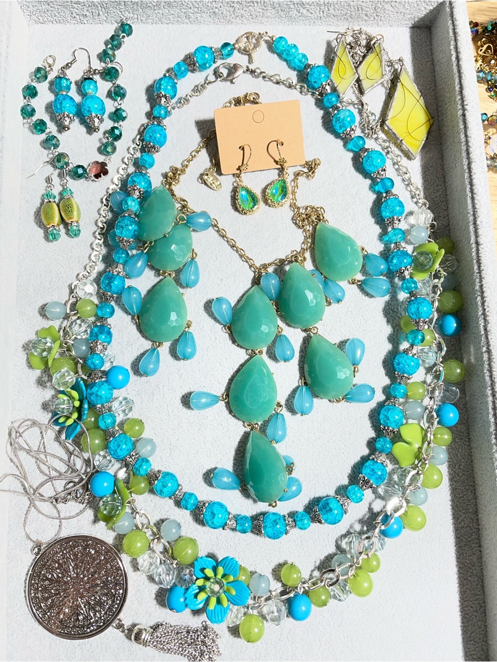 Blue Green Curated Statement Necklaces Earrings Bracelet Lot of 10